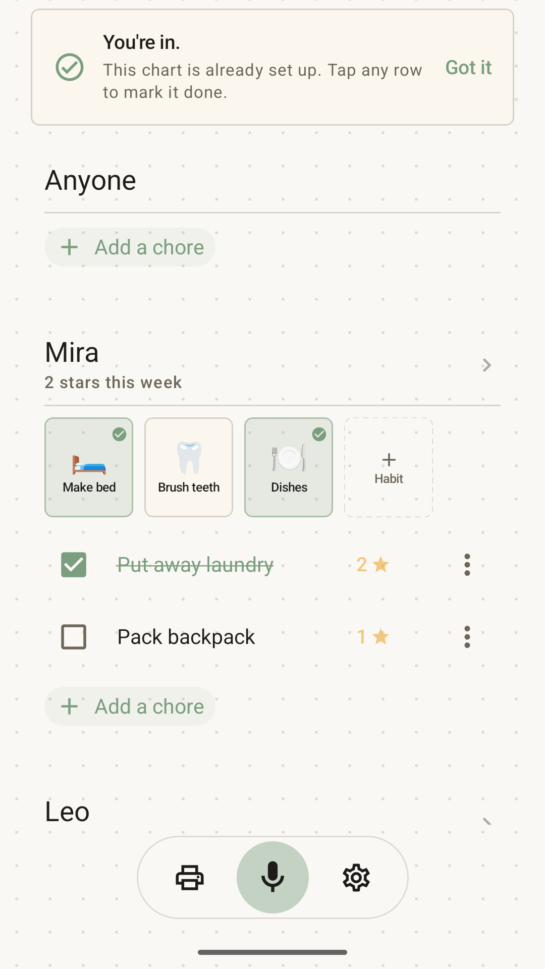 A current native Choreeo Android screen showing continuity for a shared family chart.