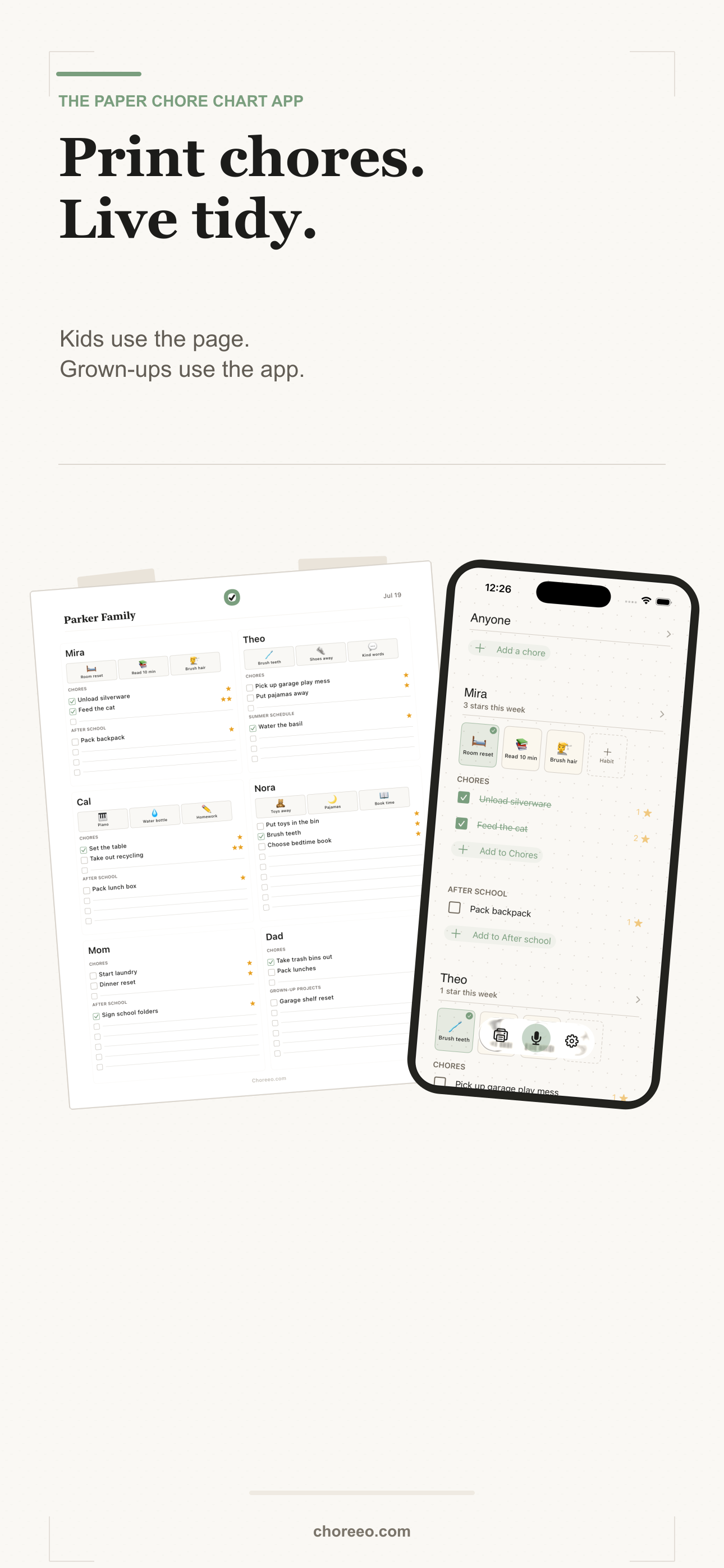 A Choreeo printed family chart beside the iPhone app a grown-up uses to update it.