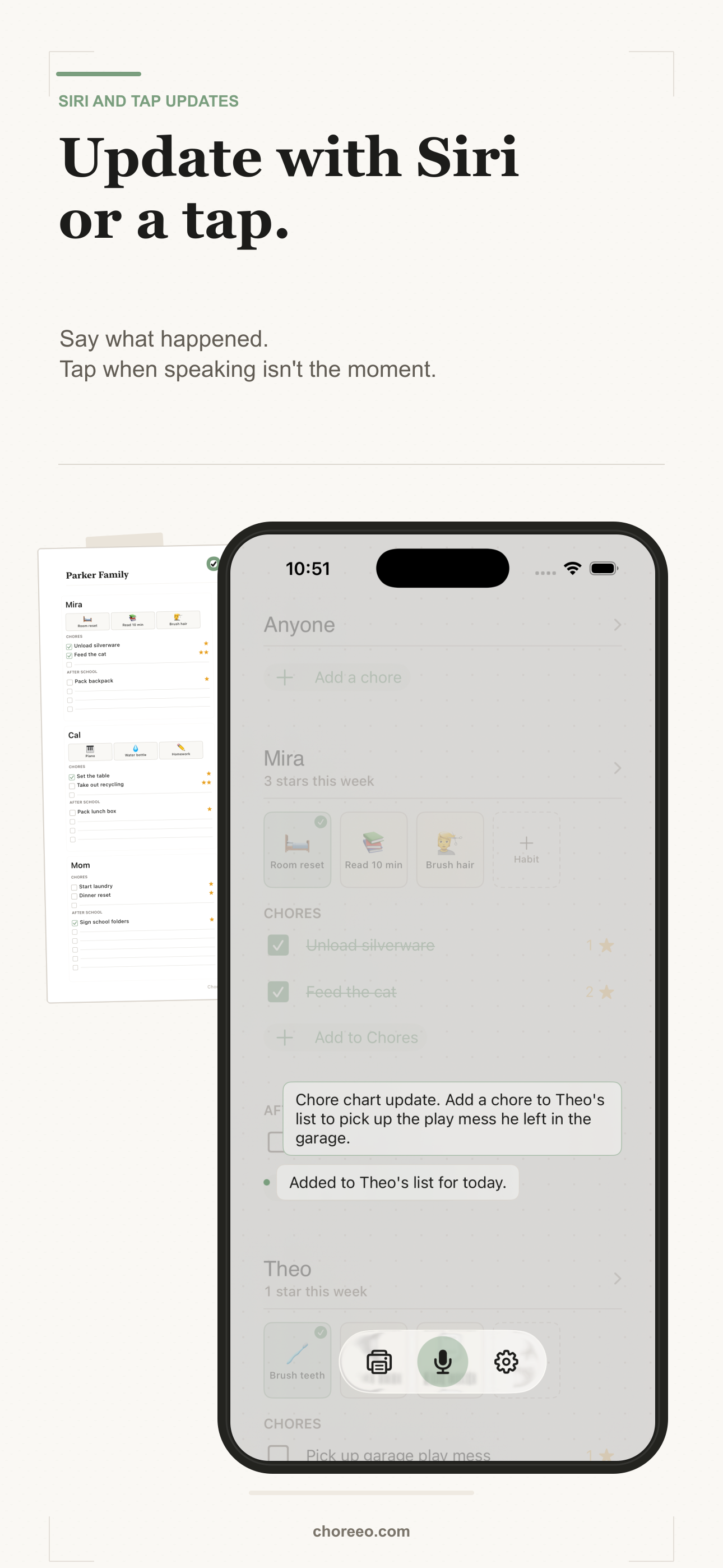 The Choreeo iPhone app confirming a spoken family chore update.
