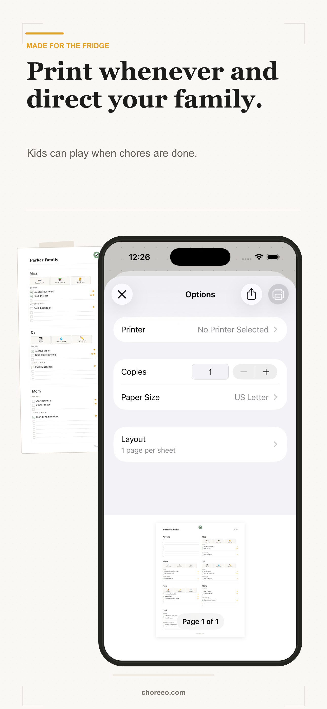A Choreeo App Store composition showing the grown-up app and a clean family chart ready to print.