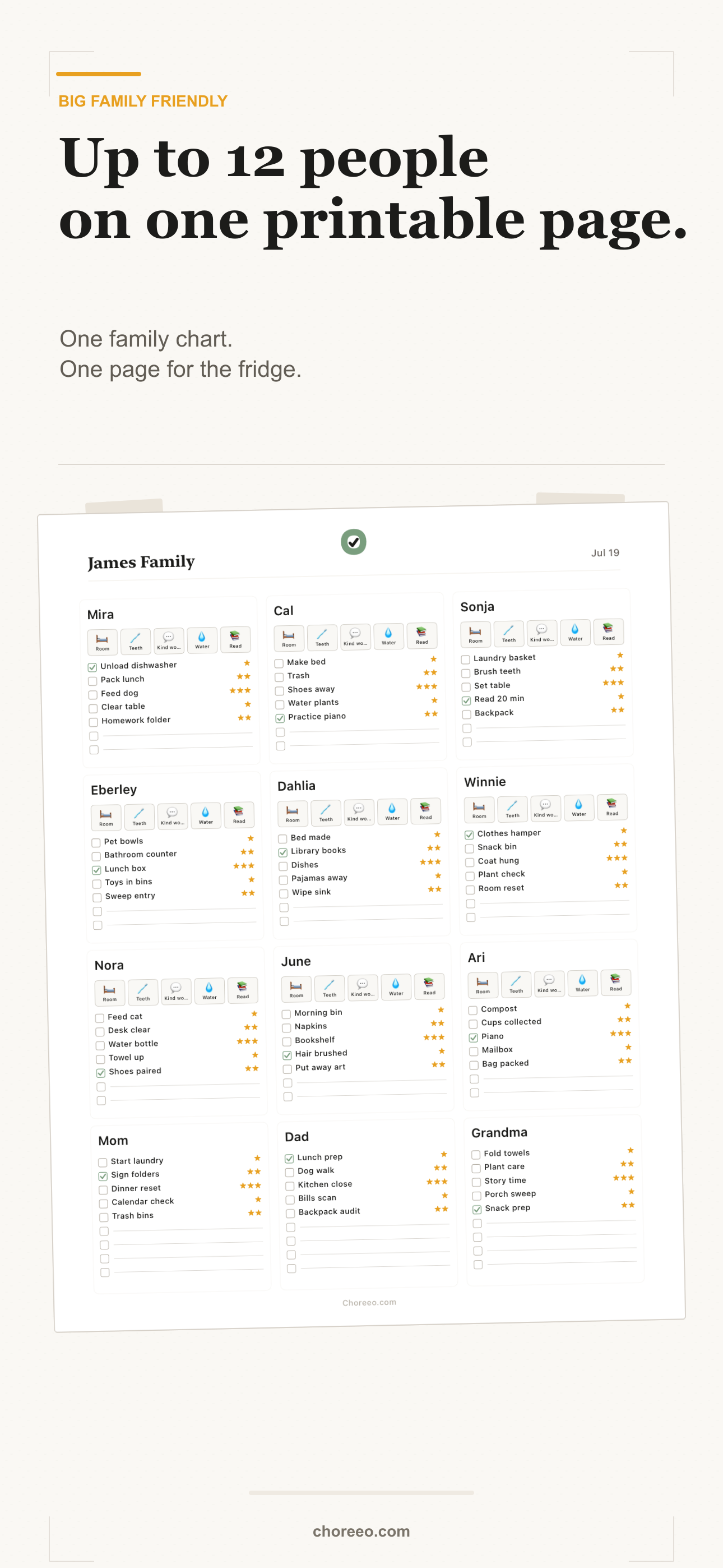 A Choreeo App Store composition showing a twelve-person family chart on one printable page.