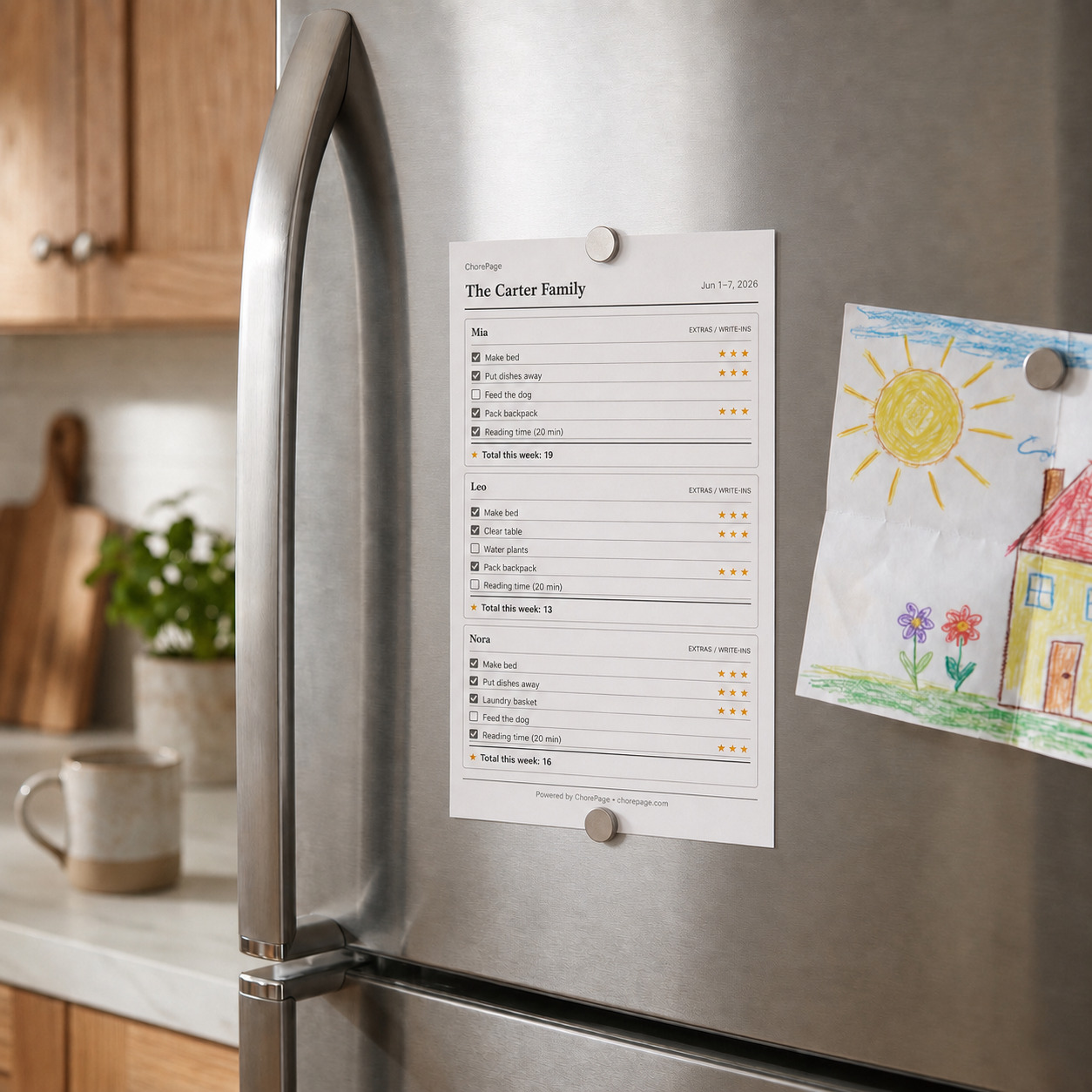 A printed Choreeo chore chart held to a refrigerator door by two magnets, mid-week, with a few boxes checked.