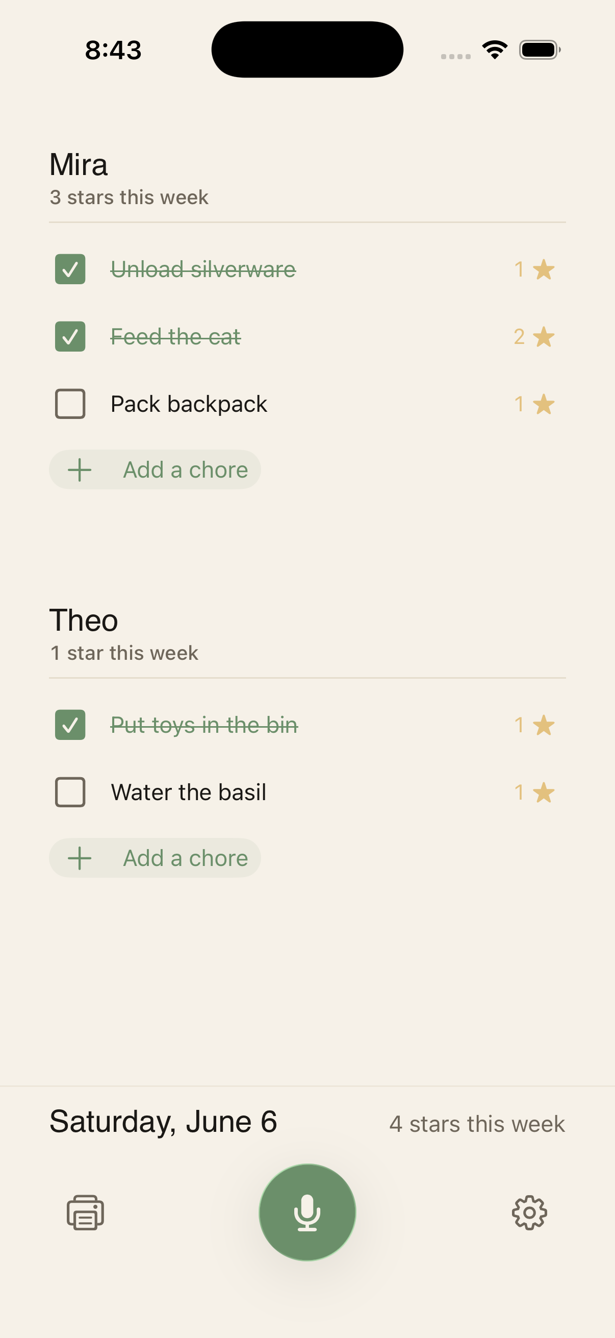 The Choreeo iPhone chart screen showing Mira and Theo's chores, completed checkboxes, weekly stars, print, microphone, and settings controls.