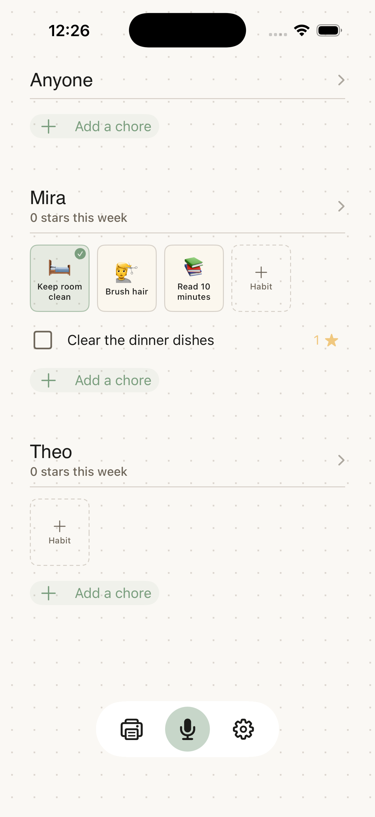 The Choreeo app showing recurring family habits that can be included on a printed chart.