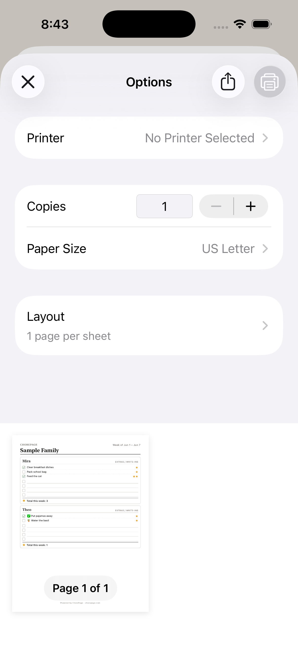Choreeo iPhone print preview showing the family chore chart ready to share or print.