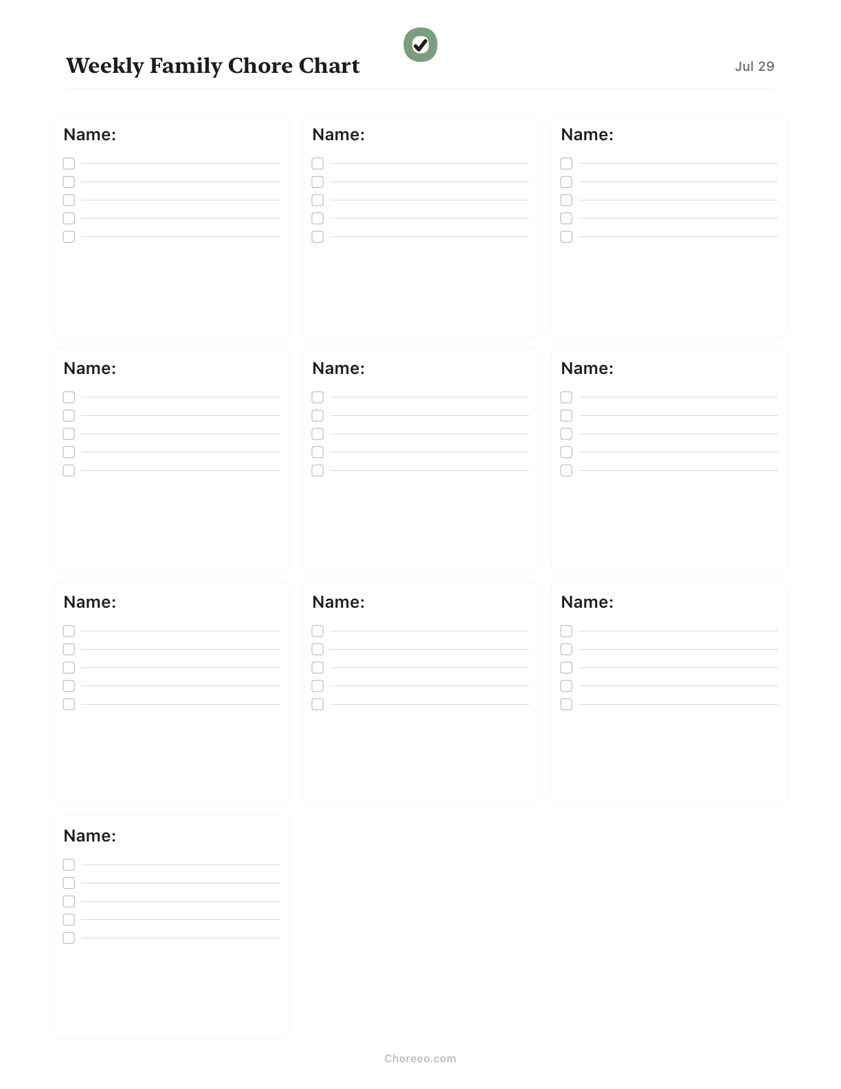 Preview of Weekly chore chart for 10 family members