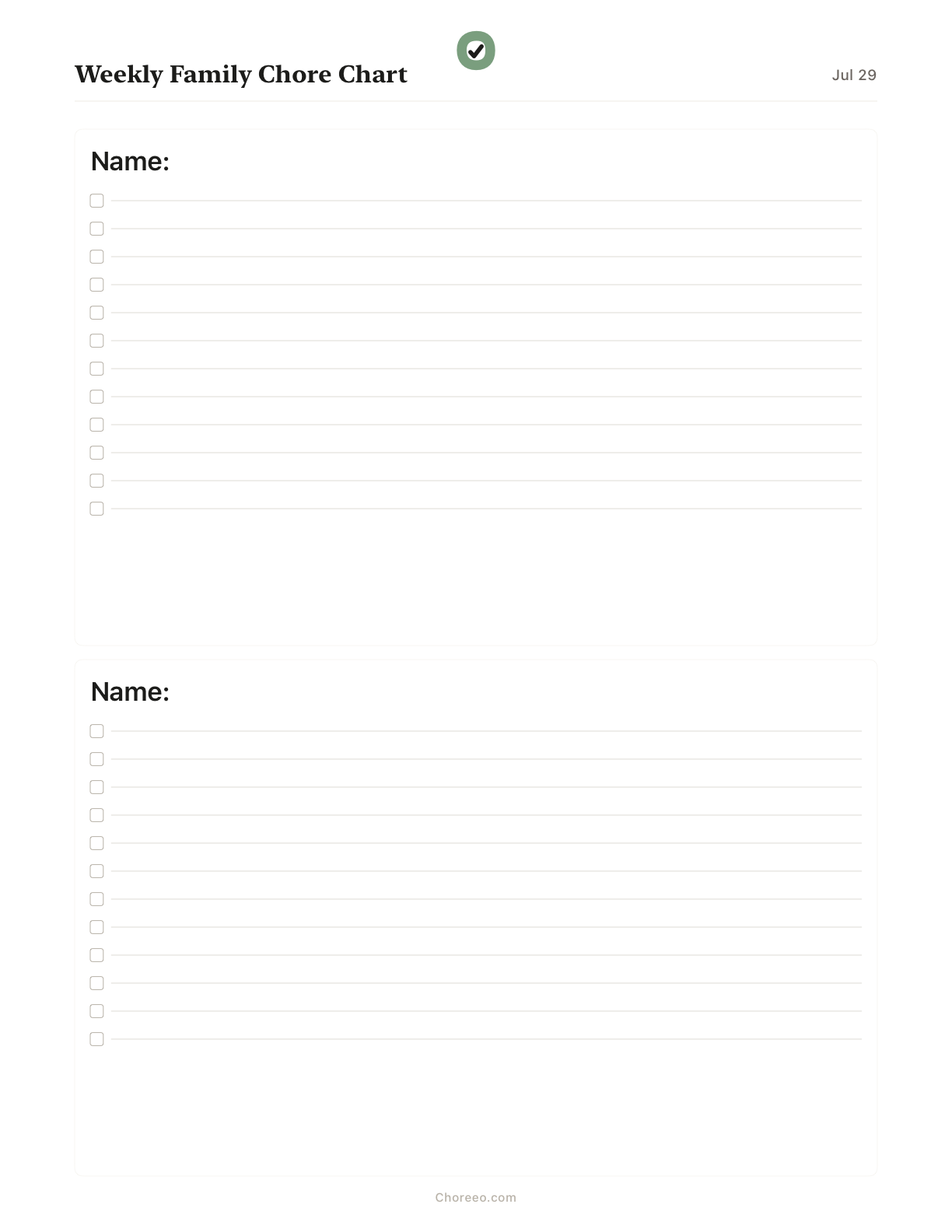 Preview of Weekly chore chart for 2 family members
