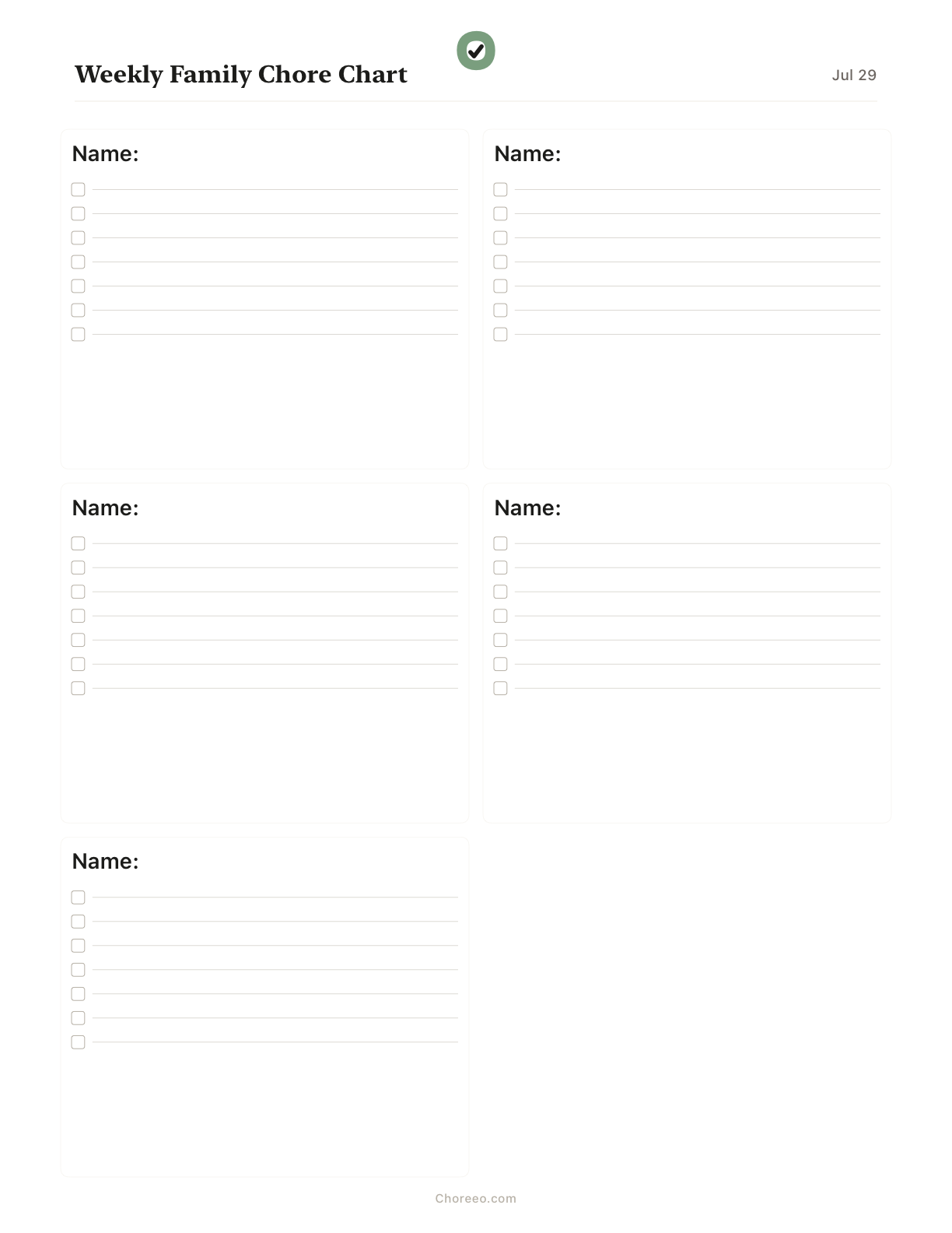 Preview of Weekly chore chart for 5 family members