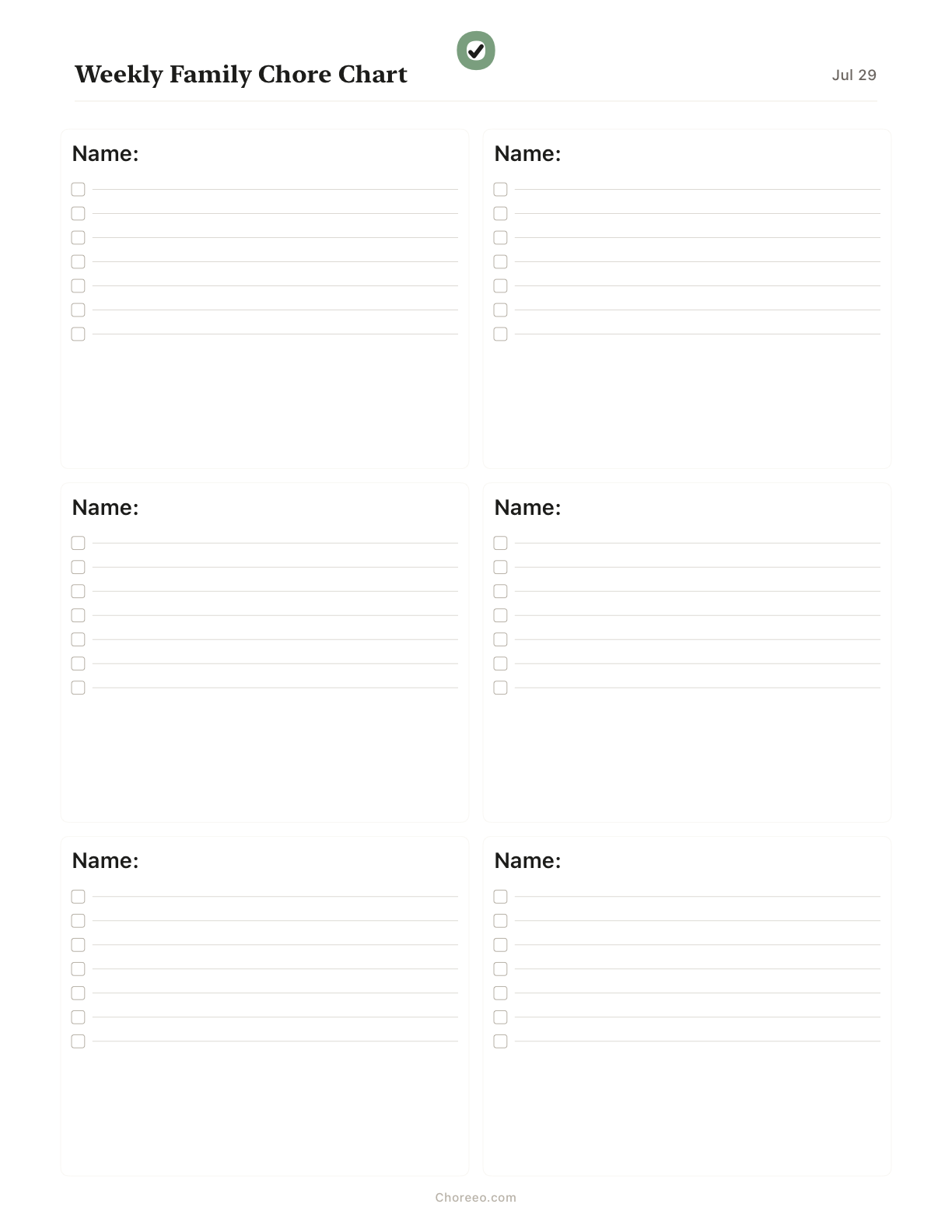 Preview of Weekly chore chart for 6 family members